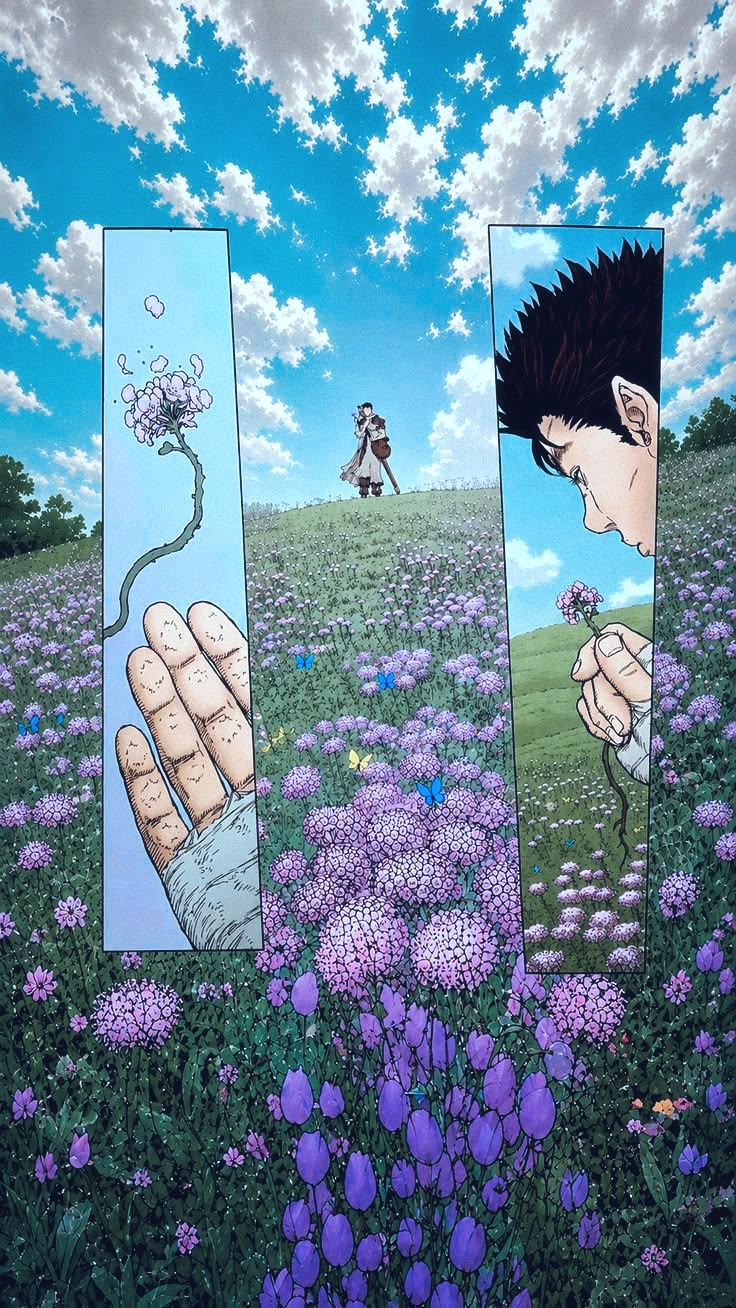 Guts standing in a field surrounded by flowers