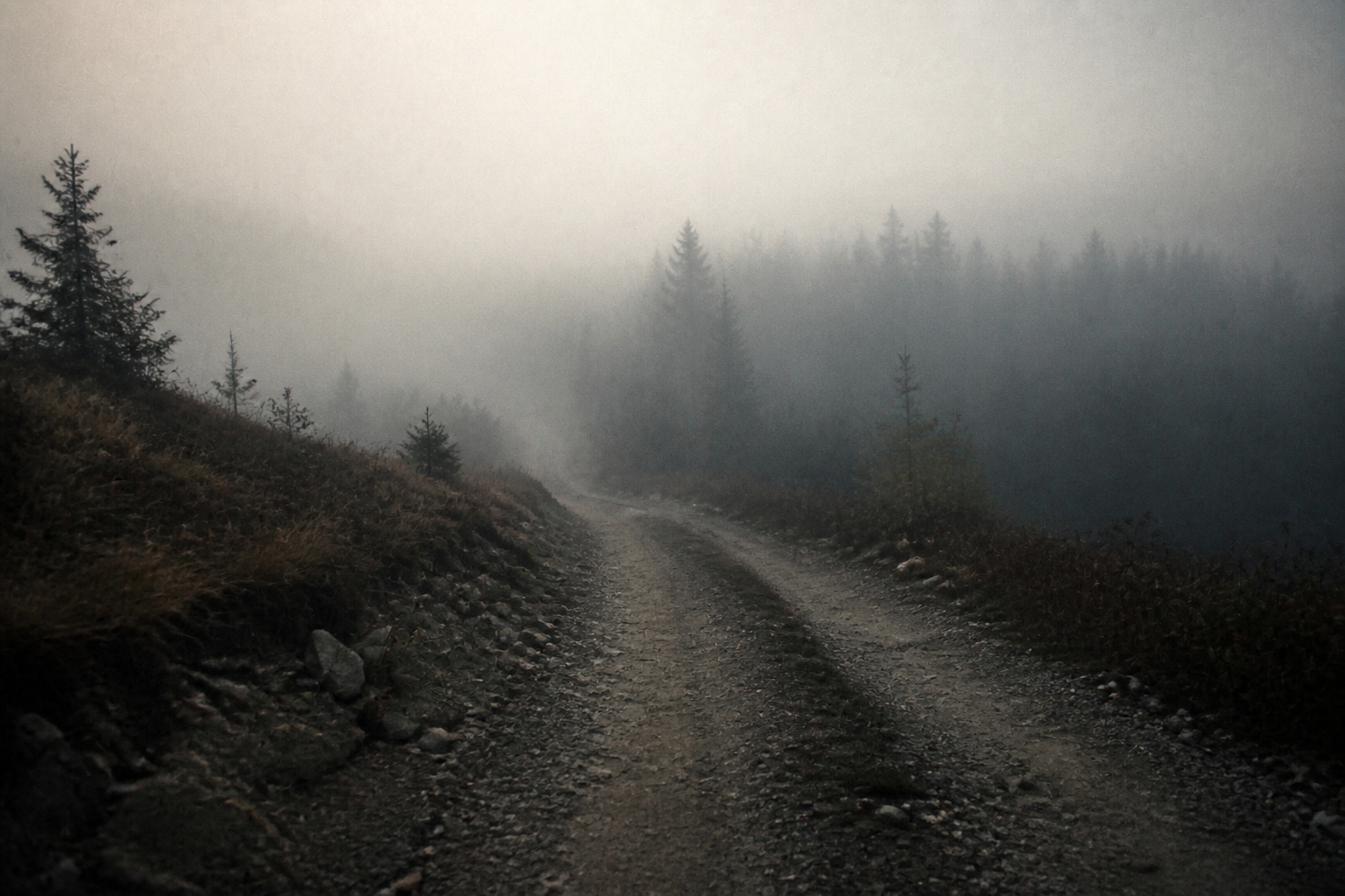 A path disappearing into fog between the trees